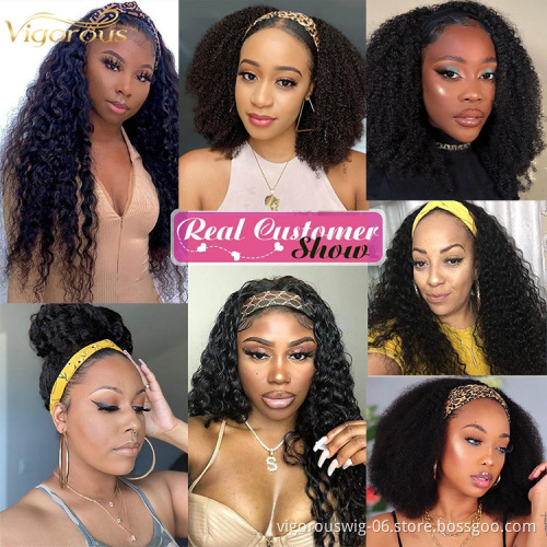 Wholesale Price Brazilian Wigs Short Afro Kinky Human Hair Wigs With Headband Curly For Black Women Bob Wig Natural Black Color